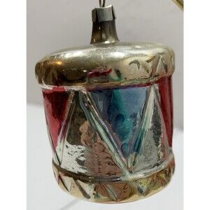 Antique West Germany Mercury Glass Ornament Drum Christmas Red Blue Silver